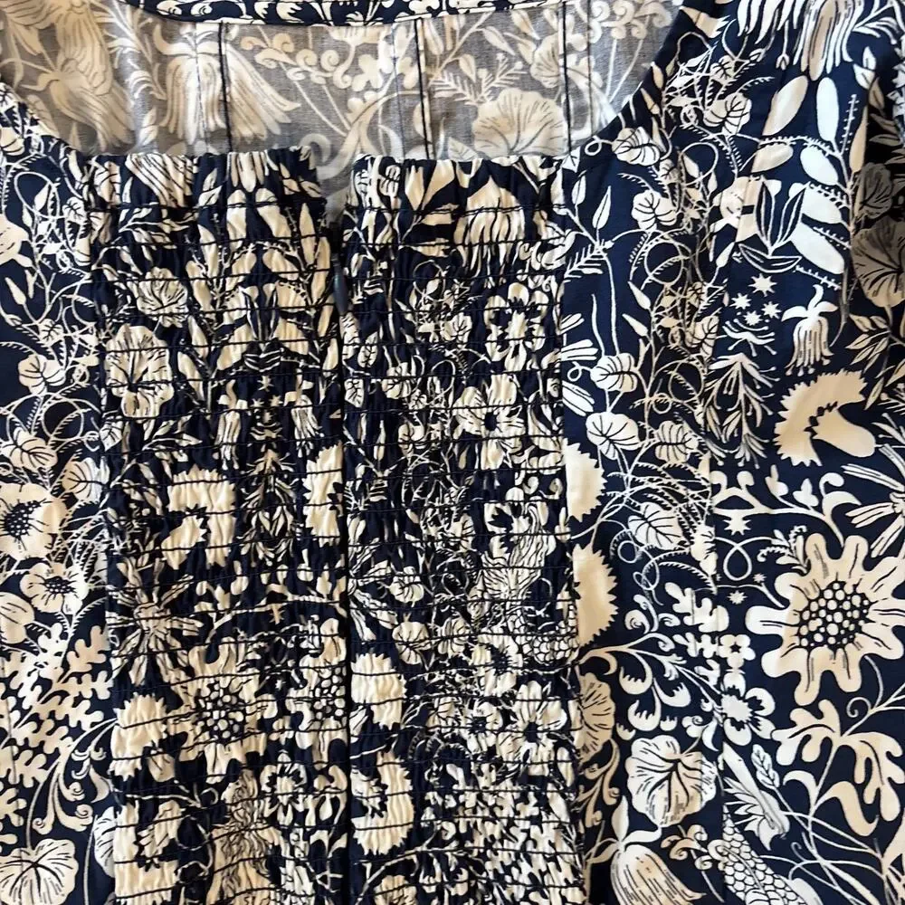 J Crew Top Womens 0 Puff Sleeve Navy White Toile Poplin Mermaid Floral